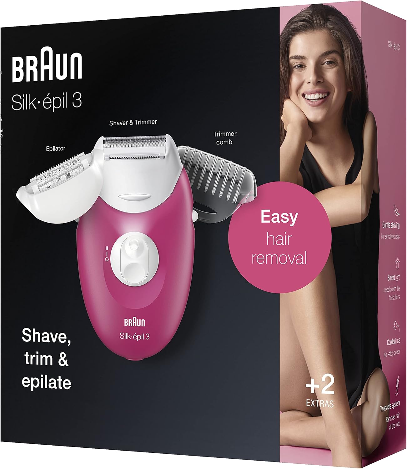 Braun Silk-Epil 3 3-410 Epilators for Women, Raspberry Corded Epilator with 3 Extras, Pink