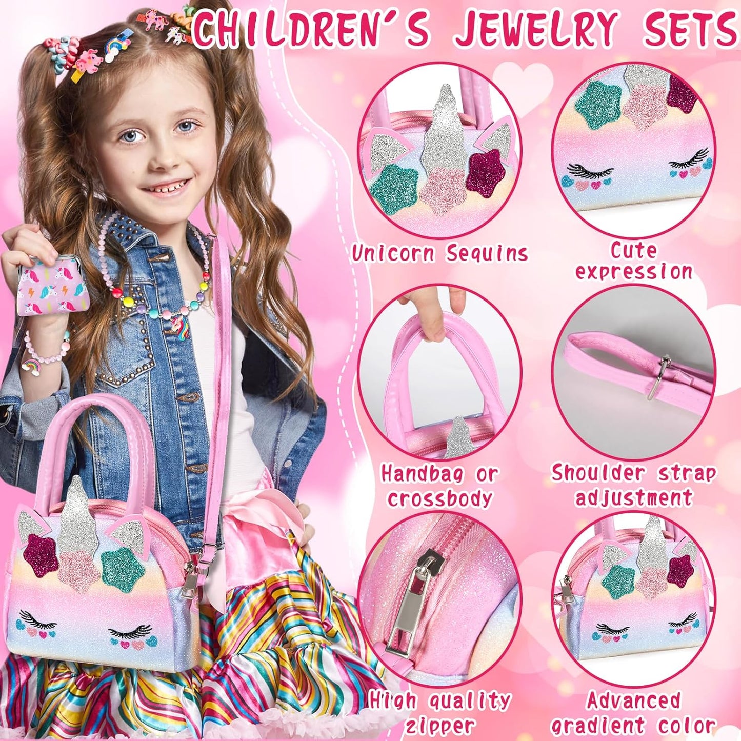 BGIUSQF 17 Piece Unicorn Handbag Jewellery Set for Girls - Gifts, Bags, Necklaces, Bracelets, Rings, Hairpins, PVC