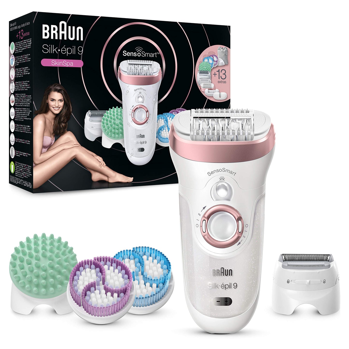 Braun Silk-épil 9, Epilierer mit schwenkbarem Kopf für eine einfache Haarentfernung, Wet&Dry, langanhaltend seidig-glatte Haut, Ladyshaver, Rasieraufsatz und Trimmeraufsatz,9-030, Weiß/Flamingorosa
