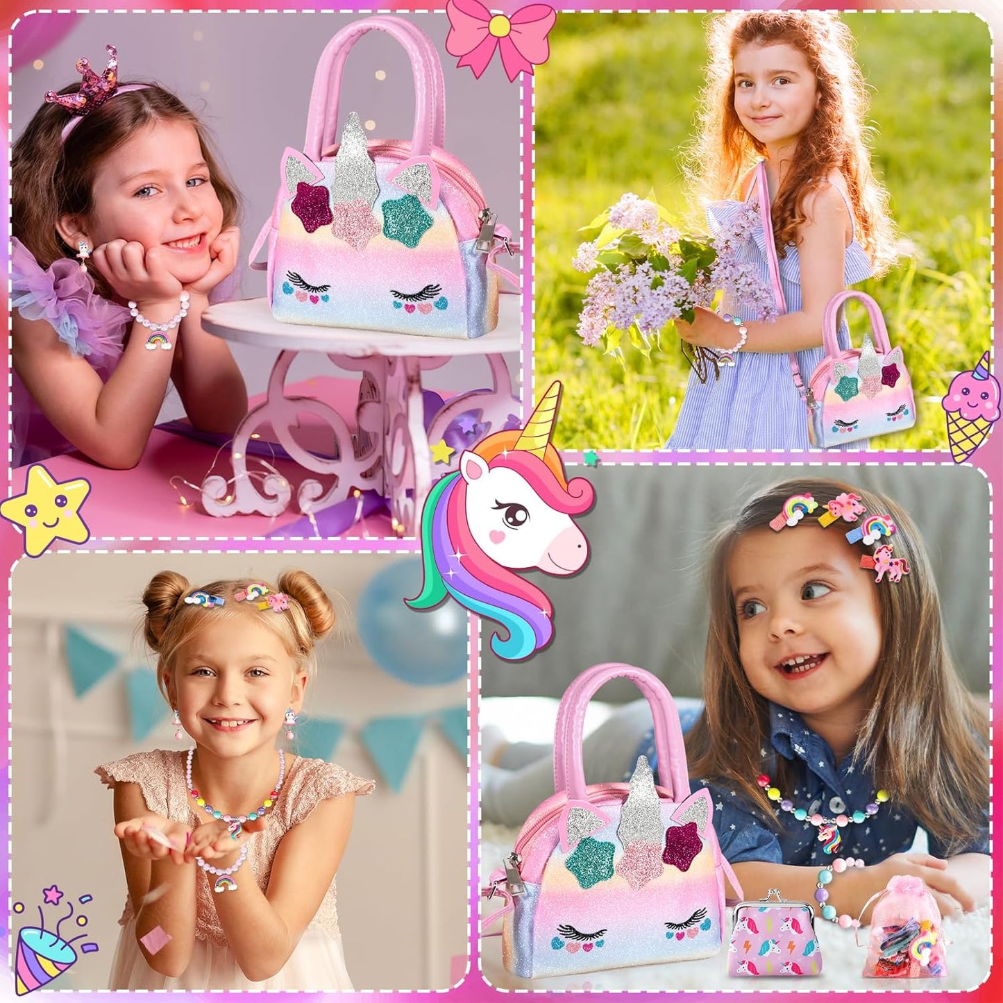 BGIUSQF 17 Piece Unicorn Handbag Jewellery Set for Girls - Gifts, Bags, Necklaces, Bracelets, Rings, Hairpins, PVC