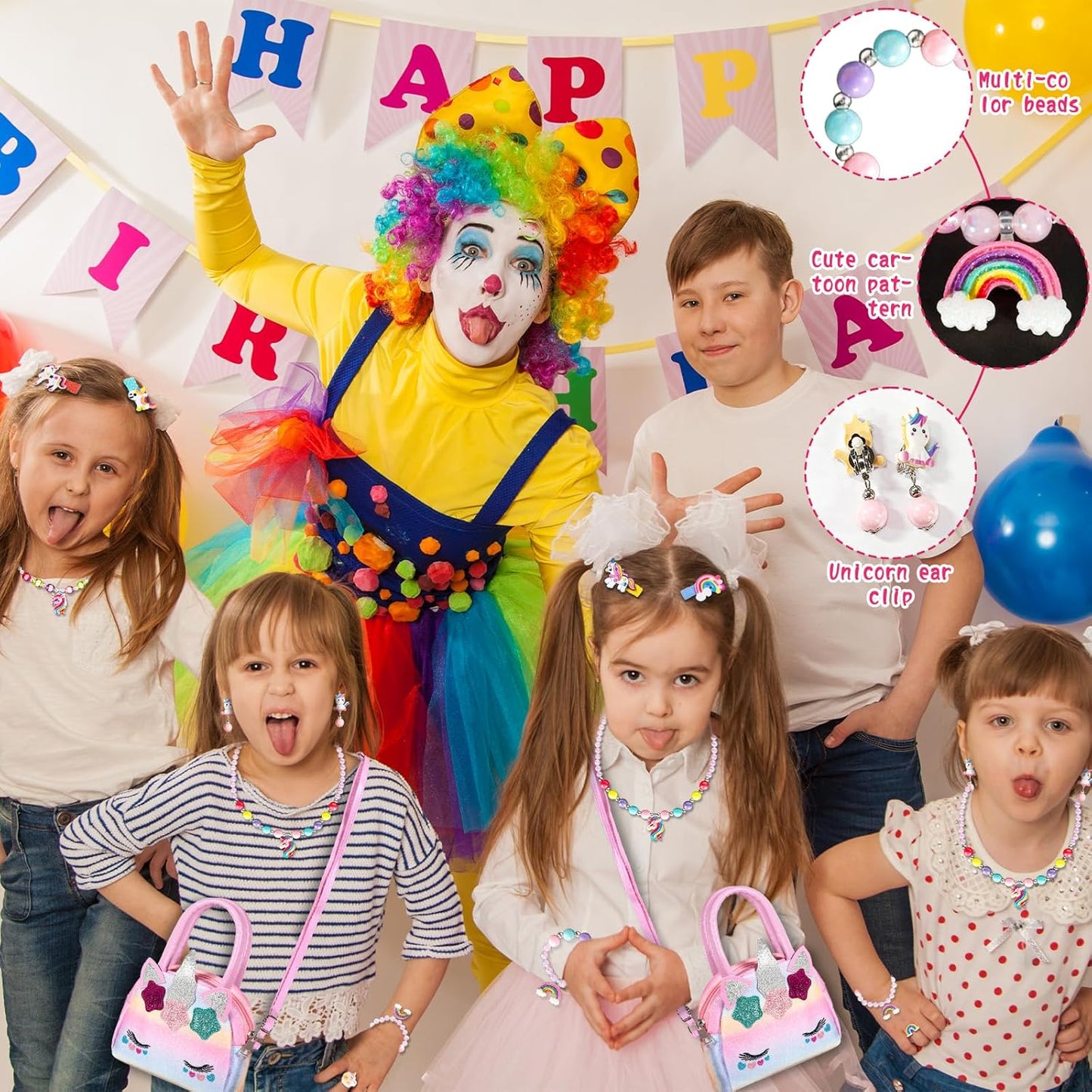 BGIUSQF 17 Piece Unicorn Handbag Jewellery Set for Girls - Gifts, Bags, Necklaces, Bracelets, Rings, Hairpins, PVC