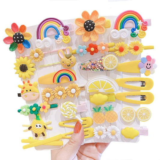 28 Stück süße Haarspangen, modische Haar-Accessoires für Mädchen, Blumen, Früchte, bunt, Regenbogen, Süßigkeiten, Desserts, niedliche Tier-Haarspangen-Set, rutschfeste Metall-Druckknöpfe (Rosa)