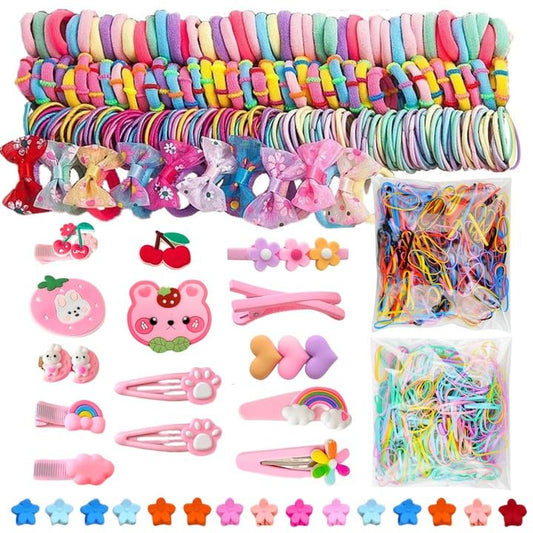 LUFFLOK 1189 Stück Haargummis Mädchen, Bunte Haargummis und Scrunchies, Süße Haarklammern, Haargummi Damen ohne Schäden, Kleine Haarspangen und Mädchen Haarschmuck Set für Feines Haar (1189 Stück)