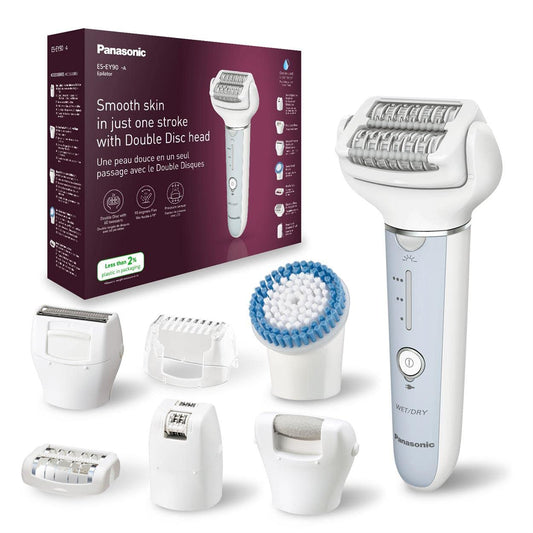 Panasonic ES-EY90-A503 Nass/Trockenepilierer, Dual Disc mit 60 Pinzetten, 90° schwenkbarer Kopf, 3 Geschwindigkeiten & LED-Licht, 30 Min. Betrieb, kabellos, Haarentferner, Scher- und Fußpflegekopf.
