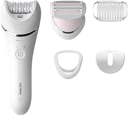 Philips Serie 8000 Epilierer, nass und trocken, kabellos, Haarentfernung für Beine und Körper, mit 5 Zubehörteilen, inklusive Rasierkopf - BRE710/01, Weiß
