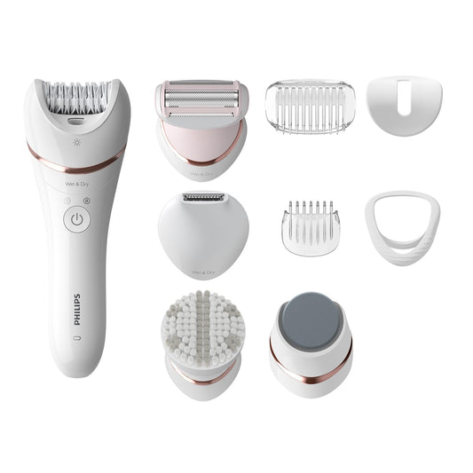 Philips Epilierer Series 8000, kabelloser Nass- und Trockenepilierer für Beine und Körper, mit 9 Zubehörteilen, Rasierer, Langhaarschneider, Pediküre und Körperpeeling-Gerät, Modell BRE740/10