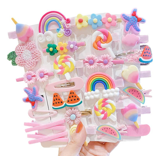 28 Stück süße Haarspangen, modische Haar-Accessoires für Mädchen, Blumen, Früchte, bunt, Regenbogen, Süßigkeiten, Desserts, niedliche Tier-Haarspangen-Set, rutschfeste Metall-Druckknöpfe (Rosa)