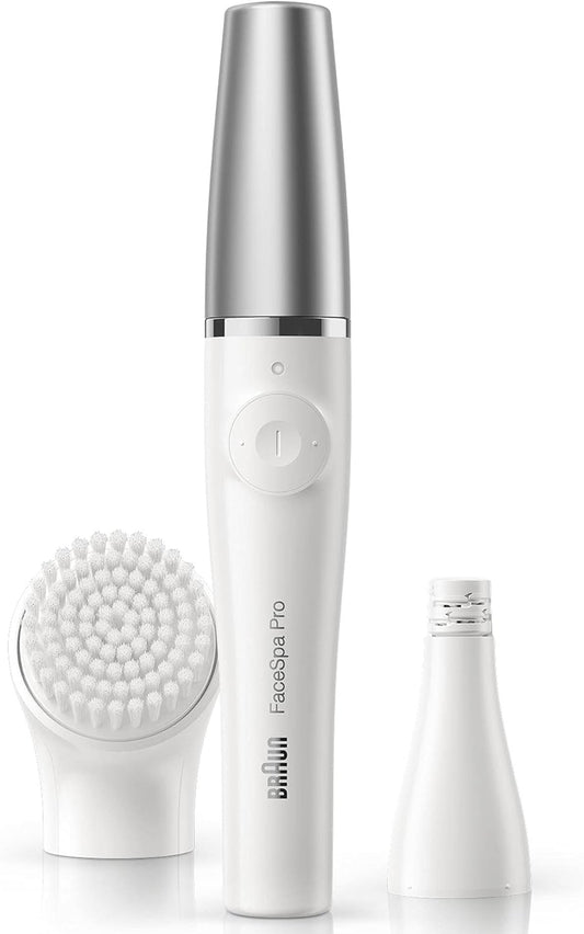 Braun FaceSpa Pro Beauty Set mit Gesichtsepilierer Damen / Damenbart Entferner, Gesichtsreinigungsbürste, Aufsatz, Haarentfernung und Reinigung, SE910, weiß/silber