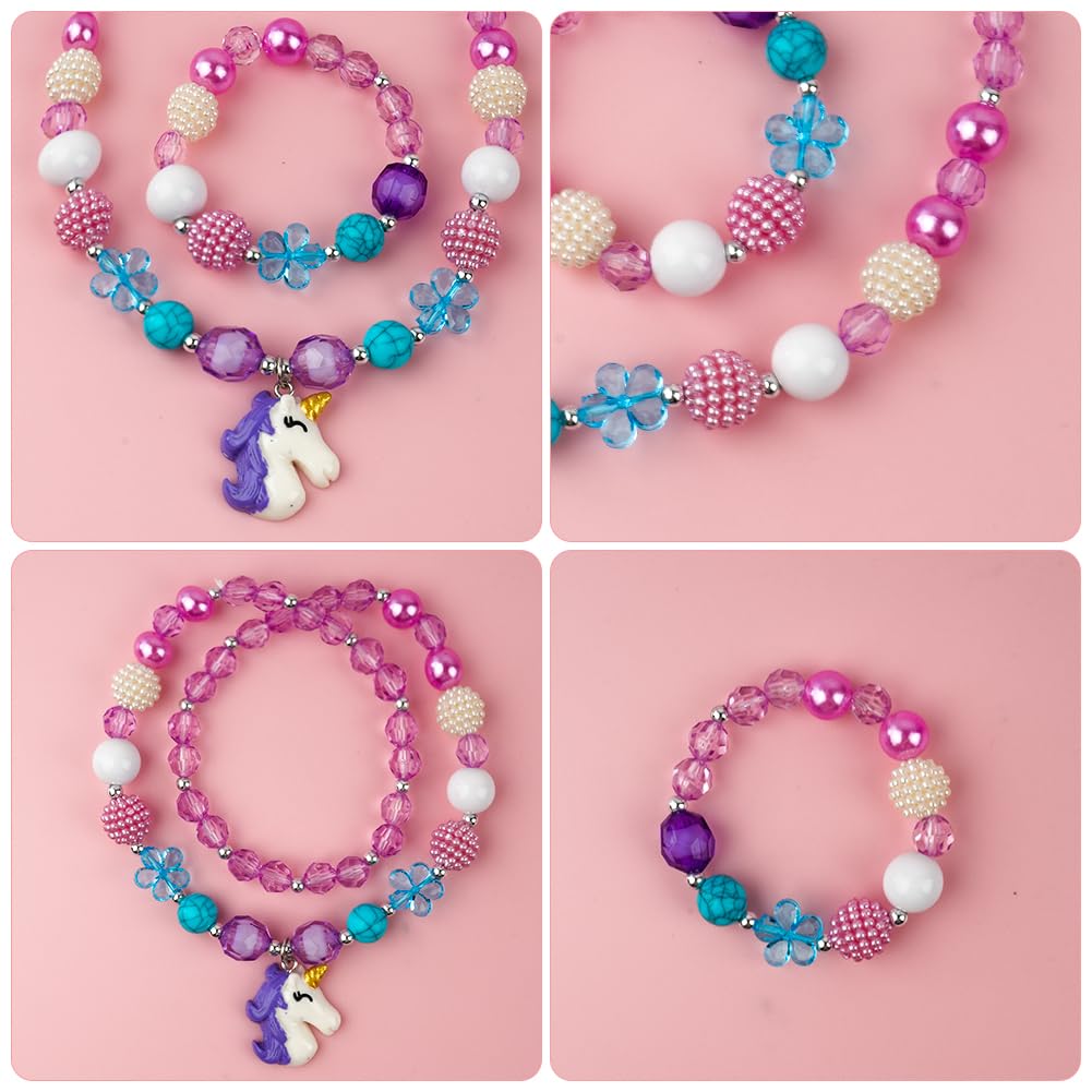 OSDUE Schmuckset Mädchen, Kinderschmuck Enthalten Halskette, Ringe, Armbänder, Ohrring, Schmuck Set Einhorn für Party Dress Up Geschenk