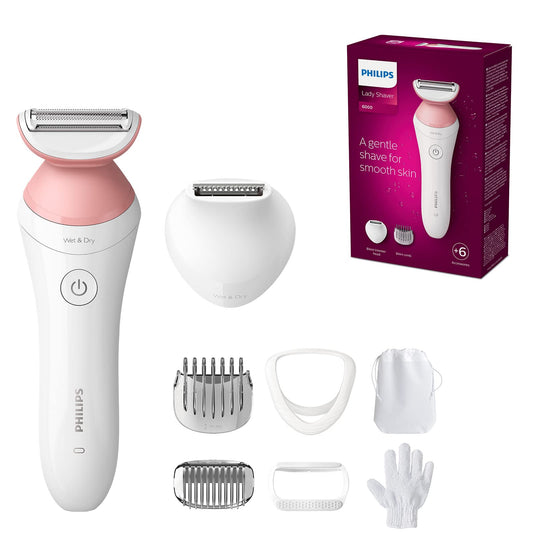 Philips Lady Shaver Series 6000 – Kabelloser Nass- und Trockenrasierer mit 4 Zubehörteilen, Körperpeeling-Handschuh, Kammaufsatz (Modell BRL136/00)