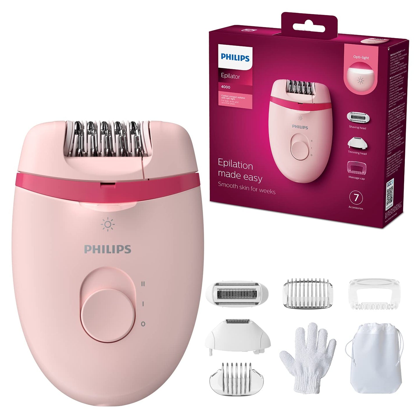 Philips Satinelle Essential BRE224/00 Compact Wired Epilator - White/Green