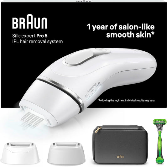Braun IPL Silk Expert Pro 5 Men's Hair Removal Device, Visible Hair Removal for Men, Designed in Germany, Gillette Razor, Alternative to Laser Hair Removal Man, PL5145, White/Silver