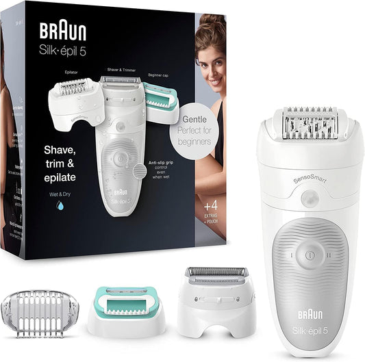 Braun Silk-épil 5, Epilierer Damen / Haarentferner für langanhaltende Haarentfernung, Ladyshaver,Trimmeraufsatz, Peelingaufsätz, Made in Germany, 5-060, Weiß/Flamingorosa