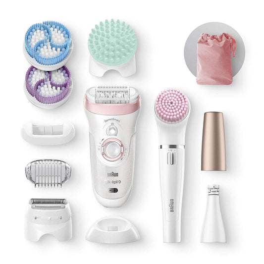 Braun Silk-épil Beauty-Set 9 Deluxe 7-in-1 Epilierer Damen / Haarentferner, Facespa Gesichtshaarentferner, Rasierer, Peeling, Reinigungskit für Gesicht und Körper, 9-985, weiß/rosa