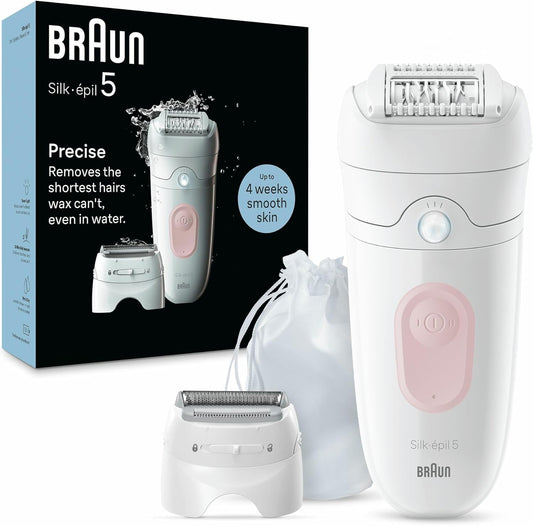 Braun Silk-épil 5, Epilierer für einfache Haarentfernung, wasserdicht, weiche Haut, lange Lebensdauer, mit Rasierkopf für Frauen und Trimmer, 5-030, Weiß/Rosa