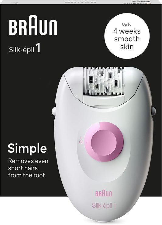 Braun Silk•épil 1 1-010 Epilator with Cable for Hair Removal, for Weeks, Soft Skin, White/Pink