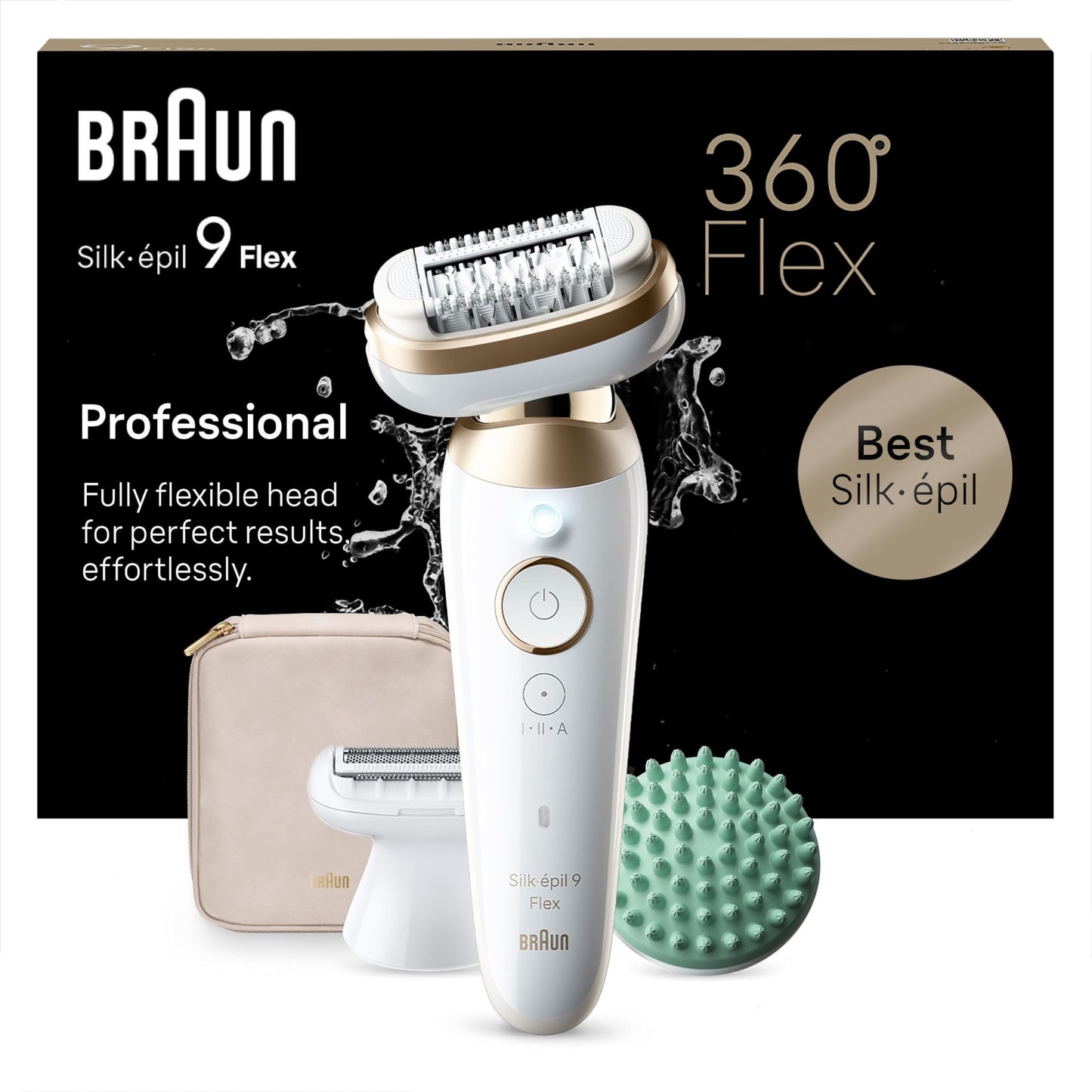Braun Silk-épil 9 Flex, Epilierer mit flexiblem 360°-Kopf für eine einfache Haarentfernung, Wet&Dry, langanhaltend glatte Haut, Ladyshaver, mit Rasieraufsatz und Trimmeraufsatz, 9-041 3D, Weiß/Gold