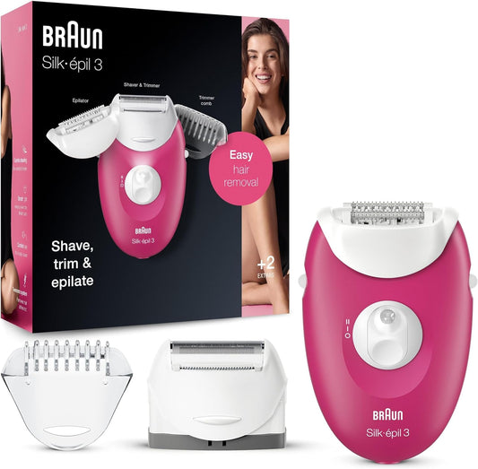 Braun Silk-Epil 3 3-410 Epilators for Women, Raspberry Corded Epilator with 3 Extras, Pink