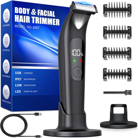 Intimate Shaver Men's Electric Waterproof Body Shaver Men with LED Light, Intimate Area Body Hair Trimmer, Full Body Groomer Beard Hair Remover for Men, USB, IPX7