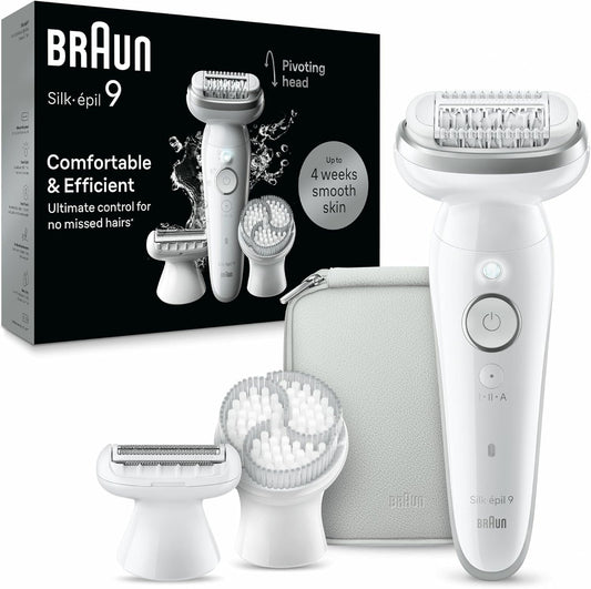 Braun Silk-épil 9 Women's Epilator, Electric Epilator for Women with Flexible Head for Easy Epilation, Wet & Dry, Long Smooth Skin, 9-061, White/Silver