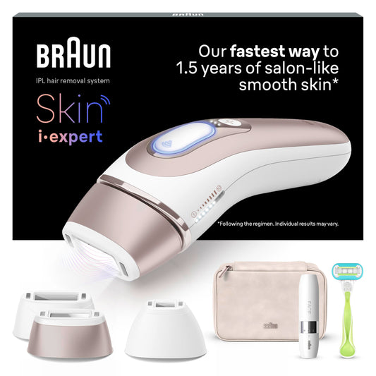 Braun Smart IPL 7 Skin i·expert – IPL Haarentfernungsgerät, Dauerhafte und Schmerzfreie Haarentfernung für Zuhause – inkl. Gratis App, Etui, Venus Rasierer, 3 smarte Aufsätze – PL7253, Weiß/Rosegold