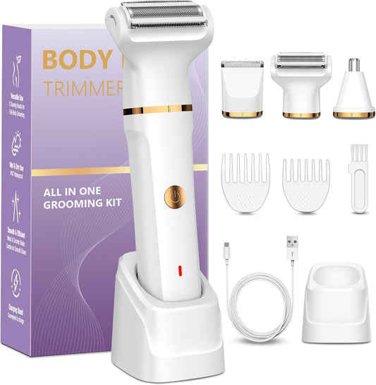 Rasierer Damen, 3-in-1 Intimrasierer für Frauen für Beine, Arme, Achseln und Bikinizone, Wiederaufladbar mit USB-Ladestation, Wasserdicht für Nass- und Trockenanwendung Damenrasierer Elektrisch, Weiß