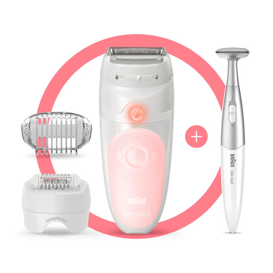 Braun Silk-épil 5 Epilierer & Damenrasierer, Elektrischer Intimrasierer für Frauen, Alternative zu Wachs Haarentferung, inkl. Damen Bikini-Trimmer, Massageaufsatz, schwenkbarer Kopf, 5-820, Weiß/Rosa