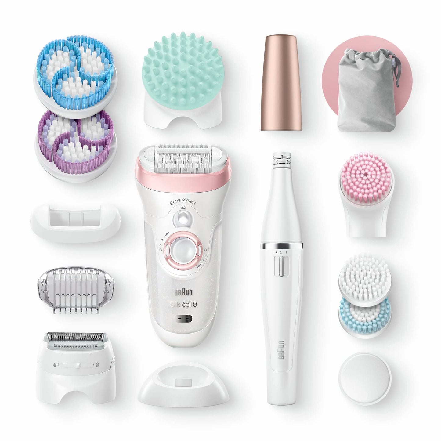 Braun Silk-épil 9, Epilierer mit schwenkbarem Kopf für eine einfache Haarentfernung, Wet&Dry, langanhaltend seidig-glatte Haut, Ladyshaver, Rasieraufsatz und Trimmeraufsatz,9-030, Weiß/Flamingorosa