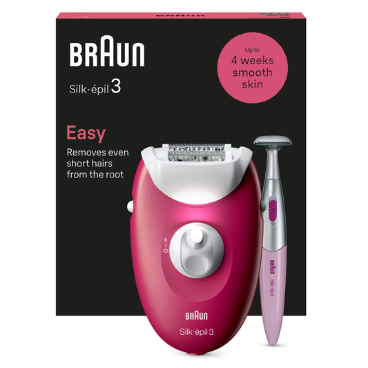 Braun Silk-épil 3, kabelgebundener Epilierer Damen für Haarentfernung, Ladyshaver,Rasieraufsatz und Trimmeraufsatz, 3-031, Rosa