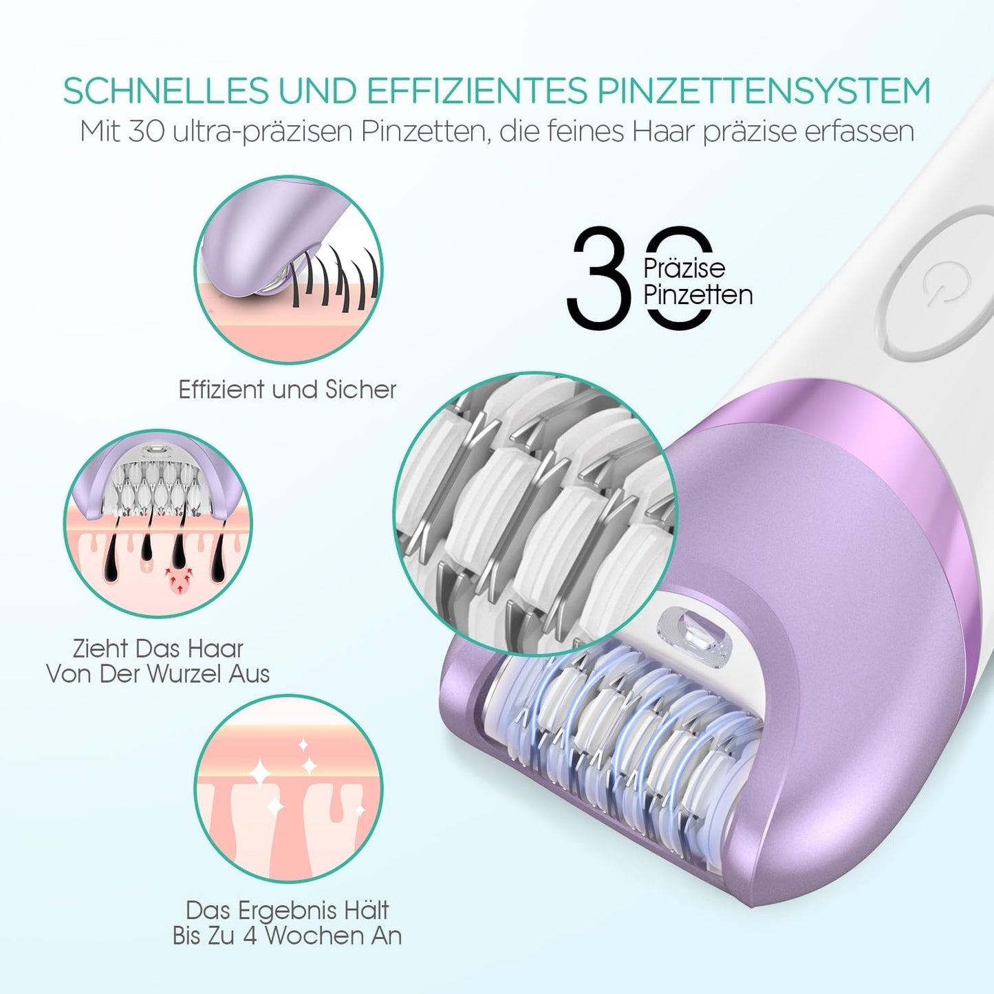 VOYOR Epilierer Damen für Haarentfernung, Elektrischer Kabelloser Epilierer, 3 Aufsätze für Rasierer und Trimmer Gedeckte 30 Pinzetten, Nass & Trocken, mit LCD-Licht BM300 (Lila)