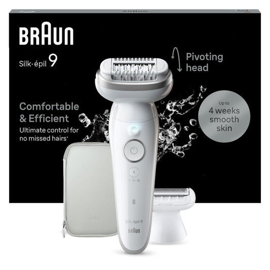 Braun Silk-épil 9, Epilierer mit schwenkbarem Kopf für eine einfache Haarentfernung, Wet&Dry, langanhaltend seidig-glatte Haut, Ladyshaver, Rasieraufsatz und Trimmeraufsatz,9-030, Weiß/Flamingorosa
