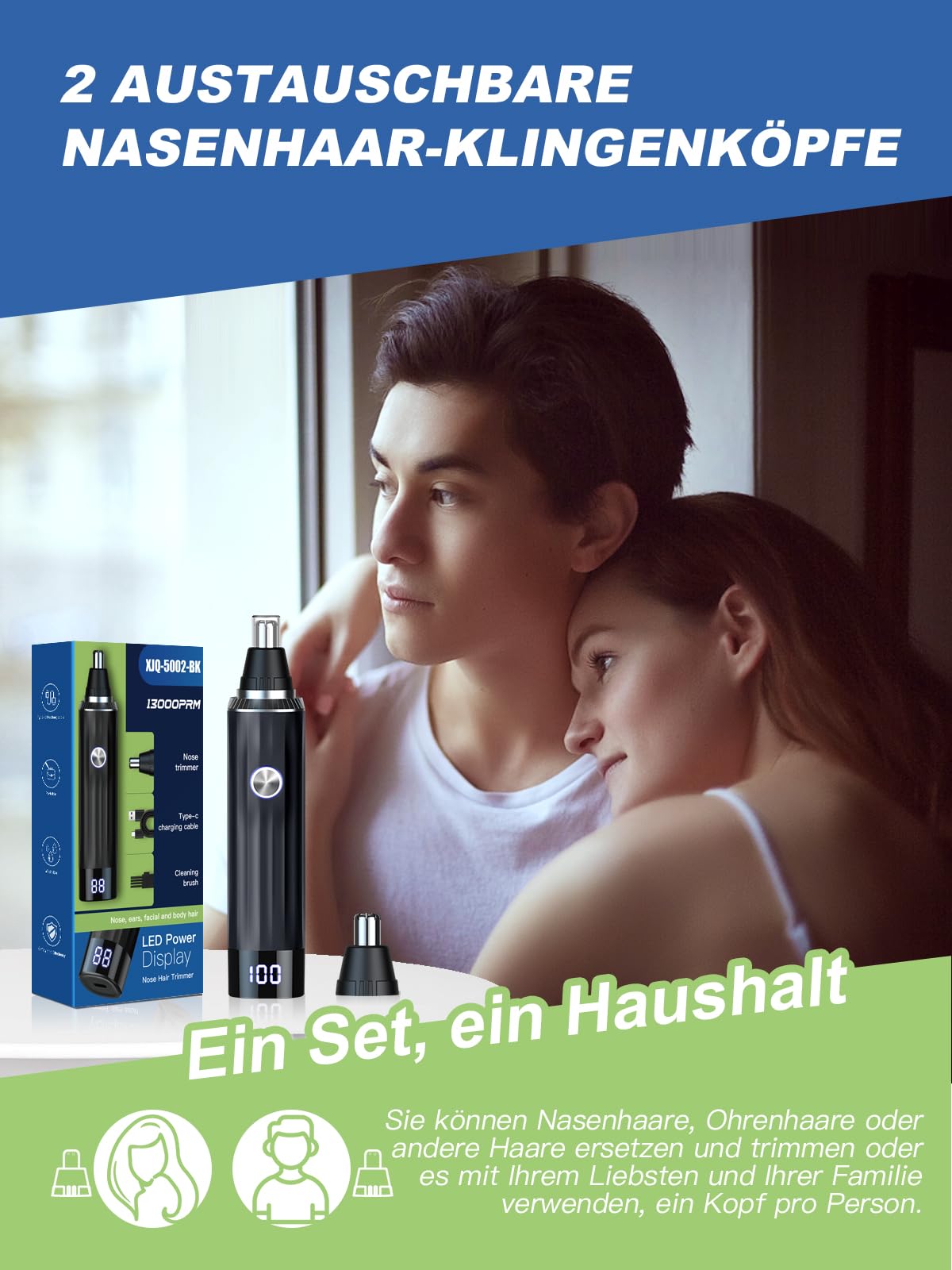 Brigin Nasenhaartrimmer, Wiederaufladbarer Nasenhaarschneider mit LED-Anzeige, 2 IN 1 Schmerzfreier Multifunktionaler Ohr und Nasenhaartrimmer mit IPX7 Wasserdichten, Doppelschneidigen Klingen