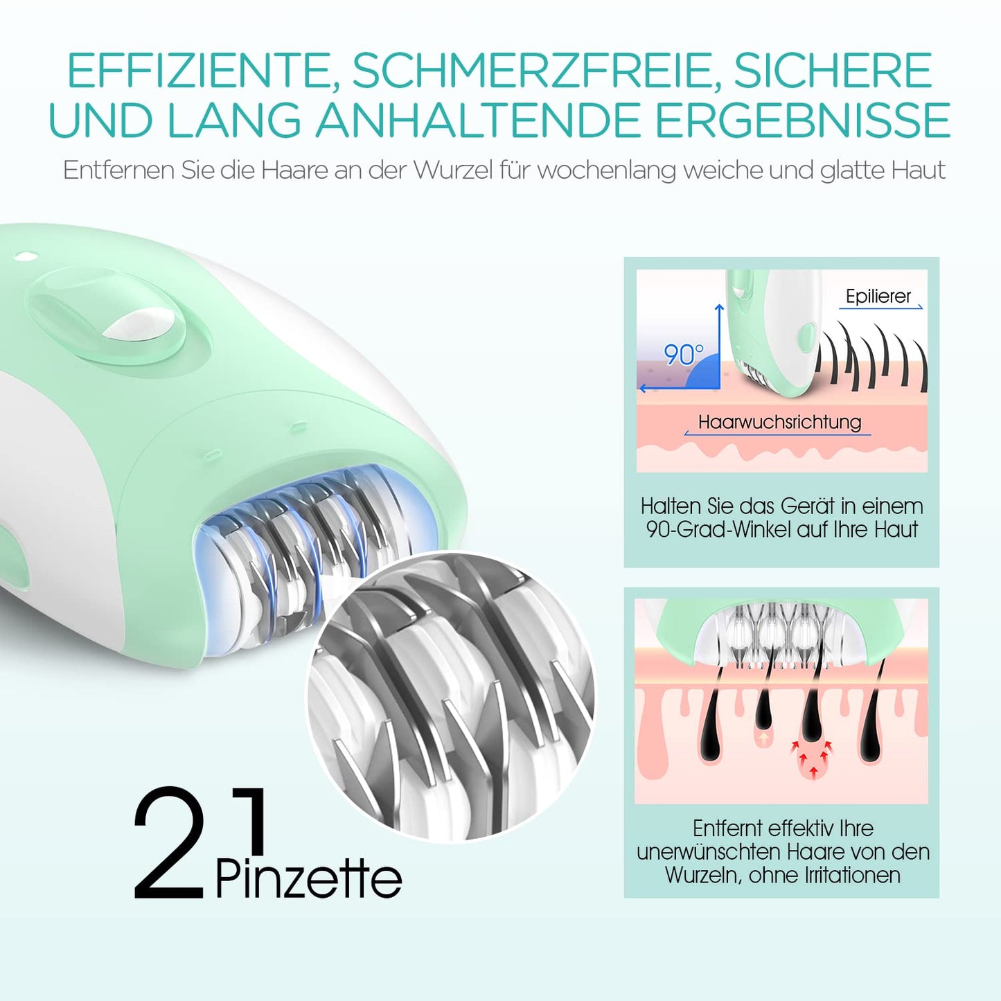 VOGOE Women's Epilator for Hair Removal, Epelator Body 4 in 1 Electric Wireless, 21 Tweezers for Face, Legs, Arms, Bikini, HR310 Green