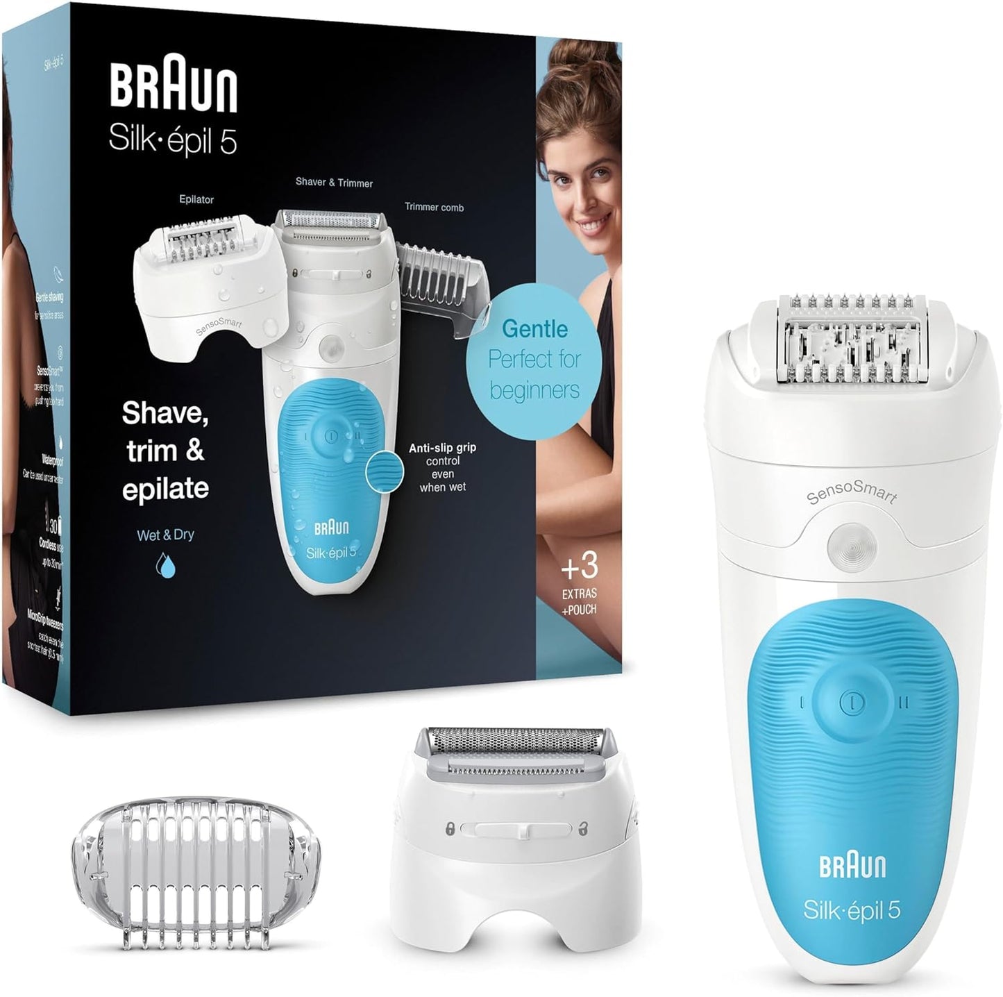 Braun Silk-épil 5 Epilierer Damen für Haarentfernung / Haarentferner, inklusive Rasier- und Trimmeraufsatz, 5-605, weiß/türkis