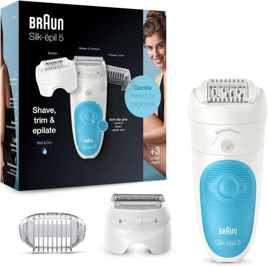 Braun Silk-épil 5 Epilierer Damen für Haarentfernung / Haarentferner, inklusive Rasier- und Trimmeraufsatz, 5-605, weiß/türkis