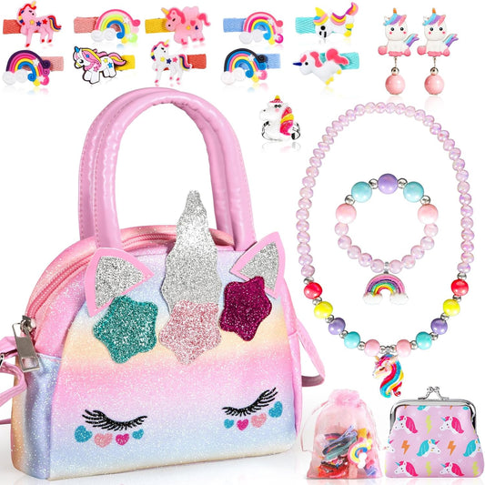 BGIUSQF 17 Piece Unicorn Handbag Jewellery Set for Girls - Gifts, Bags, Necklaces, Bracelets, Rings, Hairpins, PVC
