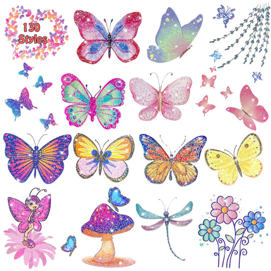 Leesgel Schmetterlings Tattoos für Kinder, 130 Stück Glitzer Tattoo Set für Einschulung Geschenke Mädchen ab 5 6 7 8 9 Jahre, Glitter Girls Mitgebsel Kindergeburtstag Schultüte Füllung