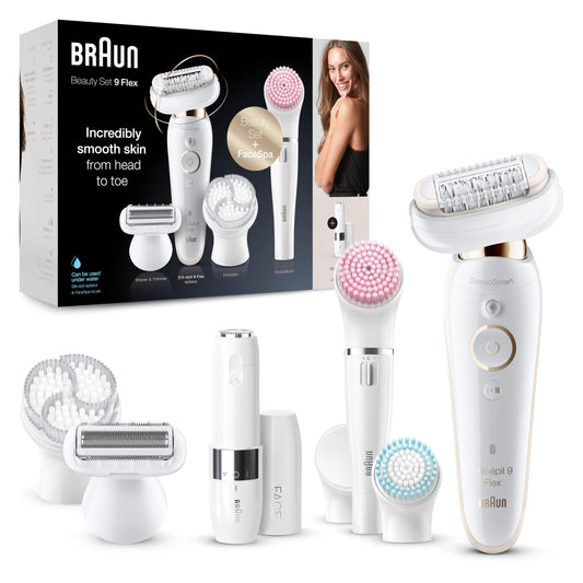 Braun Silk-épil 9 Flex, Epilierer mit flexiblem 360°-Kopf für eine einfache Haarentfernung, Wet&Dry, langanhaltend glatte Haut, Ladyshaver, mit Rasieraufsatz und Trimmeraufsatz, 9-041 3D, Weiß/Gold
