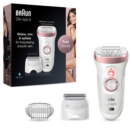 Braun Silk-épil 9 Women's Epilator / Hair Remover for Long-Lasting Hair Removal, Attachments for Razor, Trimmer and Massage for Body, Bag, 9-730, White/Rose Gold