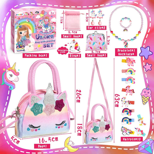 BGIUSQF 17 Piece Unicorn Handbag Jewellery Set for Girls - Gifts, Bags, Necklaces, Bracelets, Rings, Hairpins, PVC