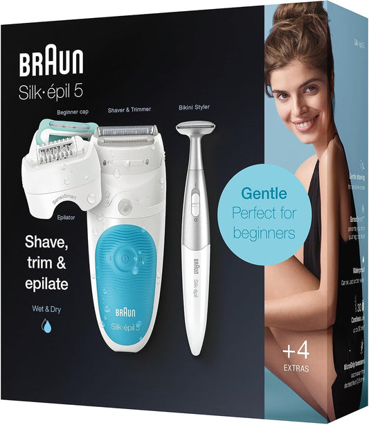 Braun Silk-épil 5 Epilierer Damen für Haarentfernung / Haarentferner, inkl. Bikinitrimmer (Haartrimmer Intimbereich), Hochfrequenz-Massageaufsatz, 5-810, weiß/türkis