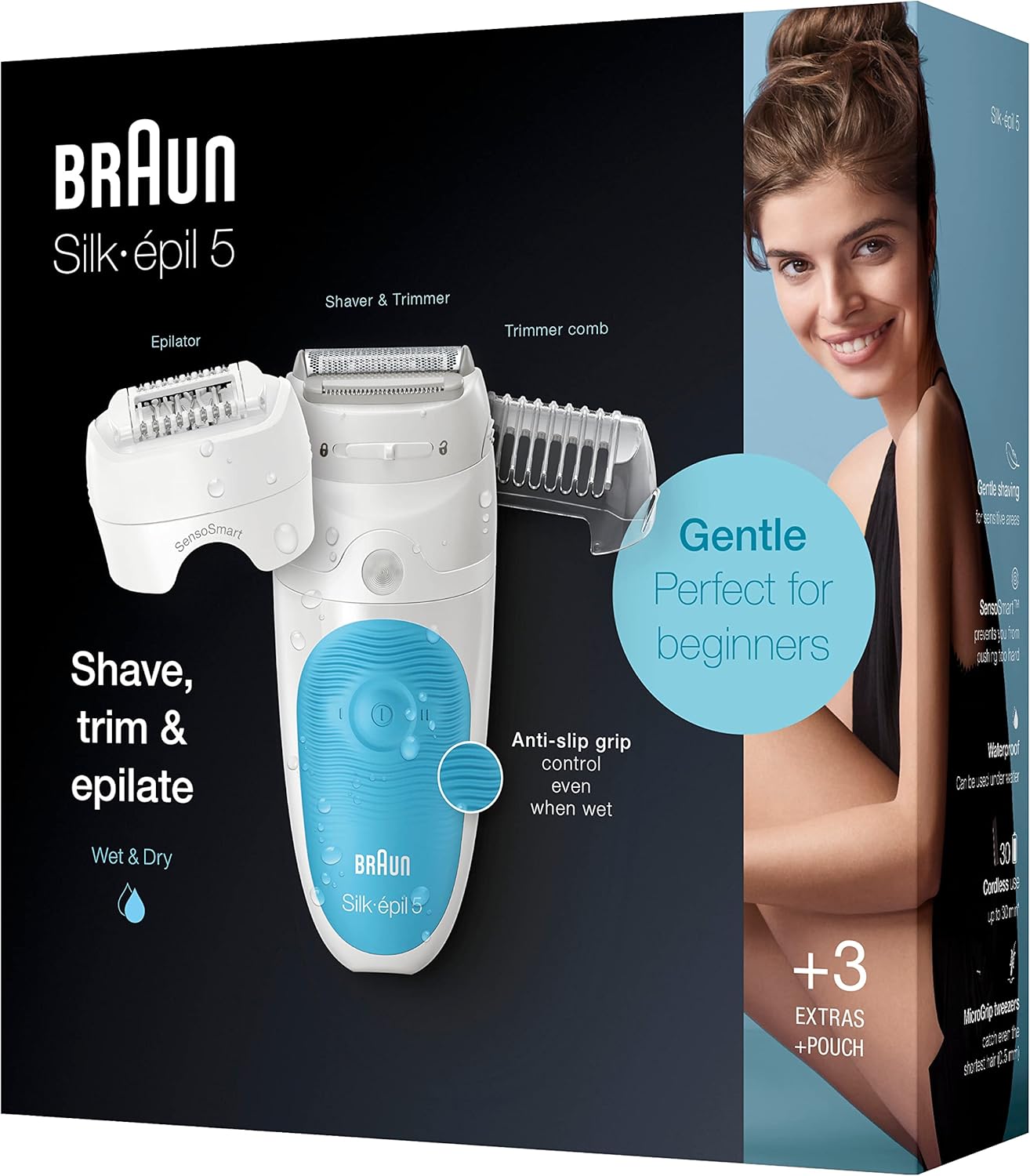 Braun Silk-épil 5 Epilierer Damen für Haarentfernung / Haarentferner, inklusive Rasier- und Trimmeraufsatz, 5-605, weiß/türkis