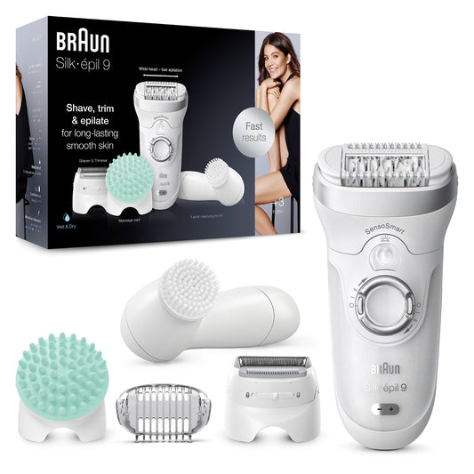 Braun Silk-épil 9 Epilierer Damen / Haarentferner für langanhaltende Haarentfernung, Rasier- und Trimmeraufsatz, Micro-Grip-Pinzetten-Technologie, Hochfrequenz-Massageaufsatz, 9-725, weiß/roségold
