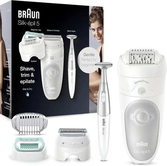 Braun Silk-épil 5 Epilierer Damen für Haarentfernung / Haarentferner, inkl. Bikinitrimmer (Haartrimmer Intimbereich), Einsteiger-Aufsatz, schwenkbarer Kopf, 5-825, weiß/grau