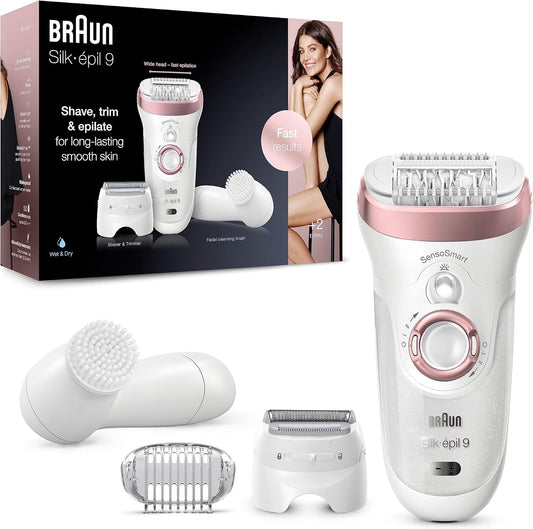 Braun Silk-épil 9 Epilierer Damen / Haarentferner für langanhaltende Haarentfernung, inkl. Gesichtsreinigungsbürste, Rasier- und Trimmeraufsatz, 9-855, weiß/roségold