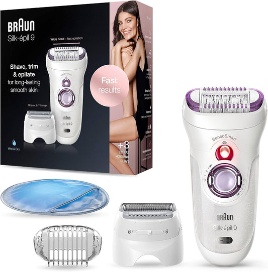 Braun Silk-épil 9 9-710 Women's Epilator / Hair Remover for Long-Lasting Hair Removal with Shaving and Trimmer Attachment White/Purple